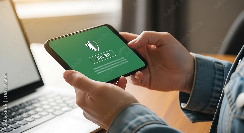 Poster person holding a smartphone displaying a green screen with a shield icon and the word trust, signify