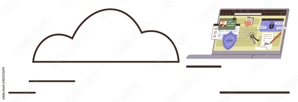 Poster cloud outline linked to a laptop displaying security tools and icons, highlighting secure data stora