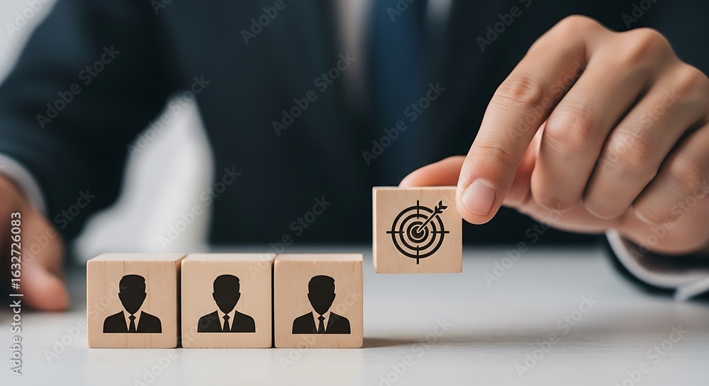 Poster hand placing a wooden cube with a target icon onto a line of cubes with person icons, representing g