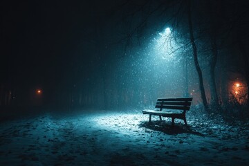 Winter scene in park during heavy snowfall with lights and bench at nighttime