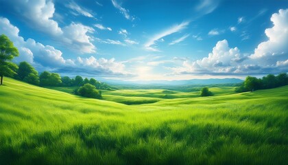 Fototapeta premium vibrant green grass field sunny sky fluffy clouds peaceful nature landscape illustration digital art painting background
