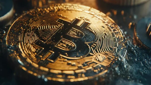 Dirty, grungy bitcoin logo on a golden coin background.
