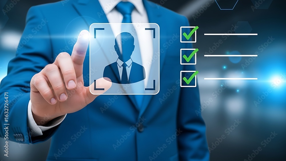 Poster businessman touching a digital screen to select a user profile with checkmarks indicating approval a