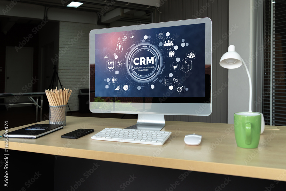 Poster customer relationship management system on modish computer for crm business and enterprise