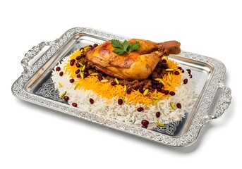 Traditional Iranian food zereshk polo ba morgh, saffron rice with chicken and barberry, delicious, isolated on white background