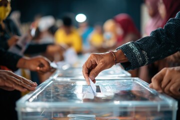 Hands casting ballots into transparent voting boxes