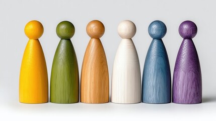 Six Wooden Colorful Peg Dolls Standing in a Straight Line