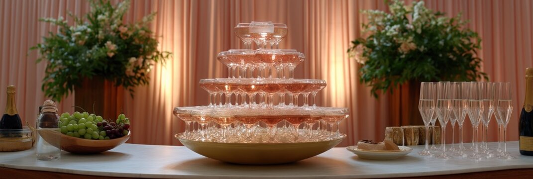 Elegant champagne tower with sparkling glasses and rich floral decor - Powered by Adobe
