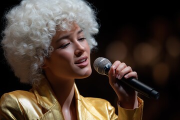 Female singer with curly wig performing on stage in gold jacket