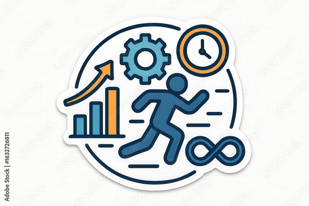 Poster dynamic visual representation of productivity and time management featuring an active figure symboli