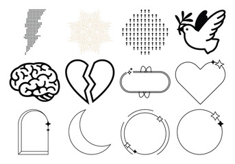 Illustration of collection of minimalist black and white graphic elements and symbols, including a lightning bolt, sparkles, crosses, a dove with an olive branch, a brain, a broken heart, frames, a mo
