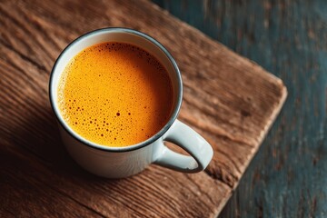 Cup of golden milk or turmeric latte on a wooden serving board, top view