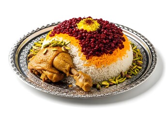 Traditional Iranian food zereshk polo ba morgh, saffron rice with chicken and barberry, white background