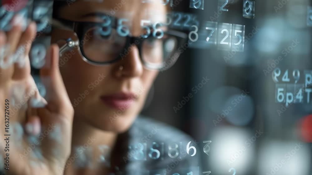Aufkleber a woman is looking at a computer screen with numbers on it. she is using her finger to draw on the s