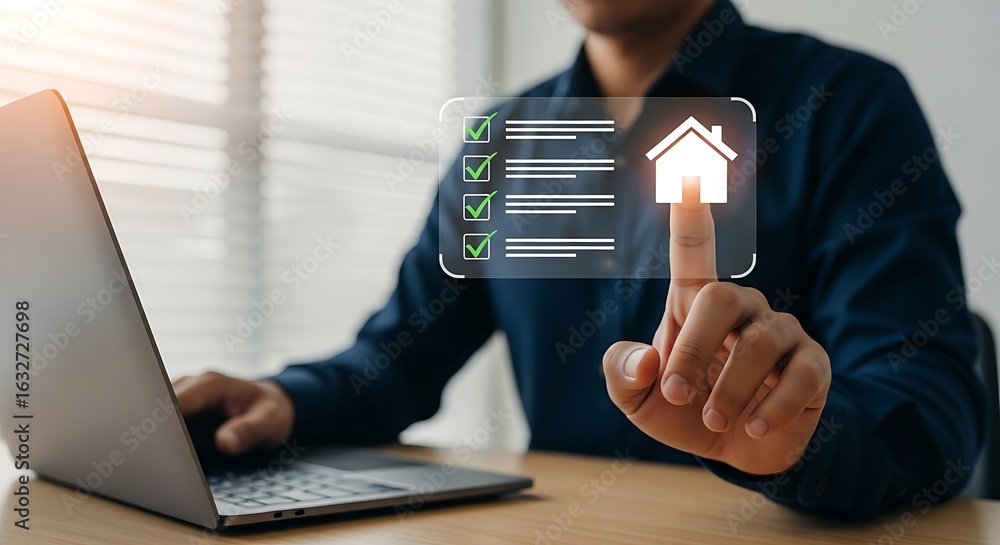Poster man using a laptop and touching a screen displaying a checklist with a house icon, indicating progre