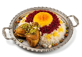 Traditional Iranian food zereshk polo ba morgh, saffron rice and chicken and barberry, on white background