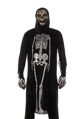 man in halloween death costume on white background