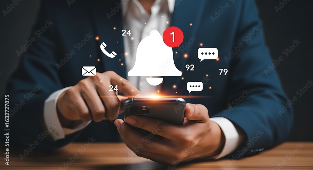 Poster businessman using a smartphone with various notification icons like messages, calls, and a bell symb
