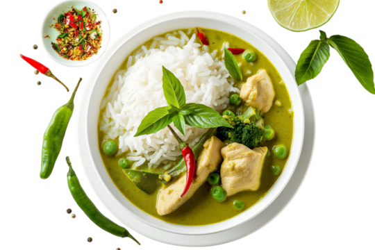 Vibrant Thai green curry with rice., Spicy chicken curry served with vegetables and herbs on white background. Perfect for food, recipe, and culinary designs. Isolated on transparent background, png