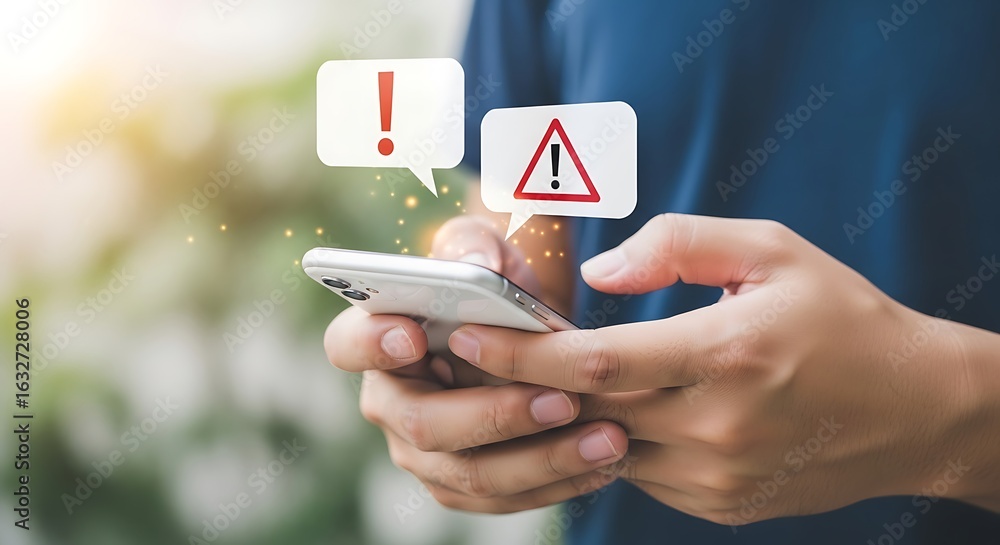 Poster person holding a smartphone displaying warning and alert notifications with exclamation marks and ca