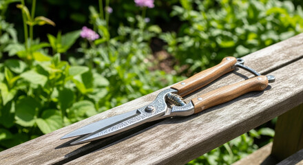 Obraz premium Garden scissors with wooden handles resting on wooden bench outdoors