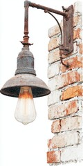 Fototapeta premium A vintage-style metal lamp with a weathered finish is attached to a rustic brick wall. The lamp has a warm glow, adding charm to the setting.