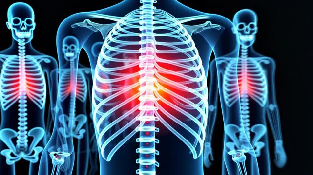 Ribs human, bone structure, anatomy analysis. Skeleton health. Bones absorb daily impact. X-rays reveal internal details. Skeletal system supports body movements.