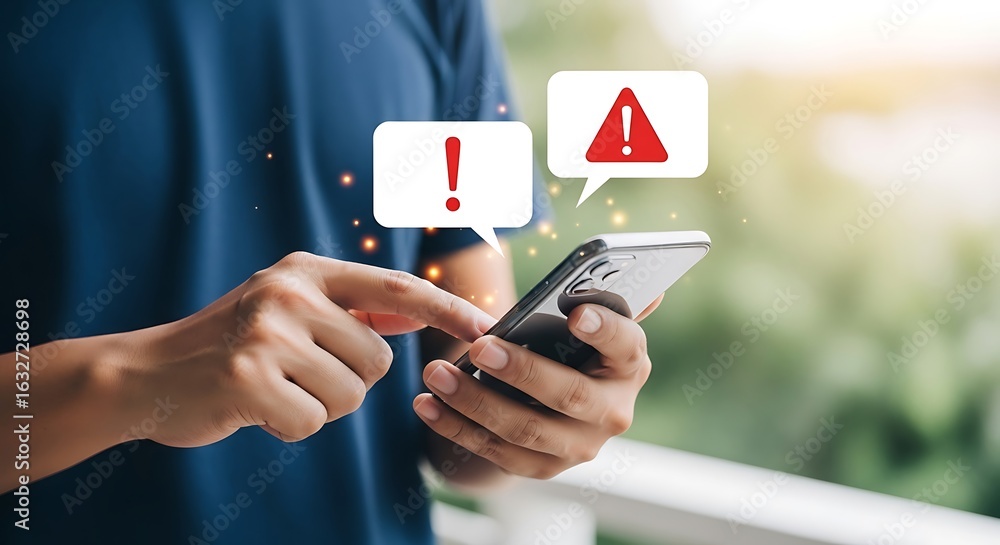 Poster person using a smartphone receiving alerts and warnings, indicating potential issues or important no