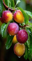 Ripe plums rain-soaked orchard branch closeup