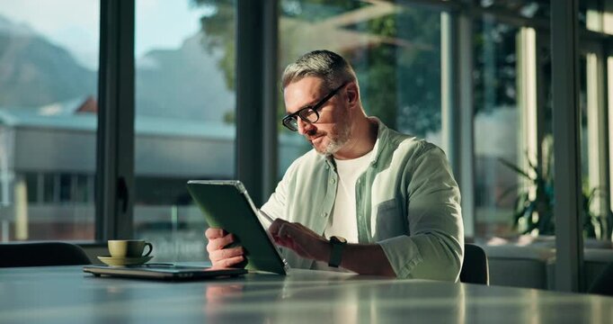 Business, tablet and man in office, stylus and ideas with website project, creativity and illustrator. Mature person, graphic designer or employee in workplace, tech or feedback with email and smile - Powered by Adobe