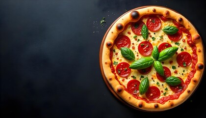 top view of delicious Italian pizza with vegetables and salami on black background