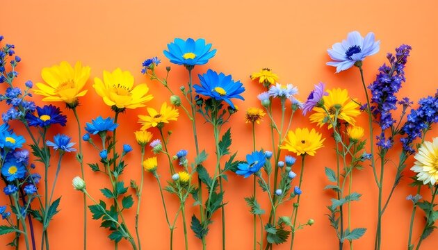 Flowers row on orange background, web banner. Flat lay, top view. - Powered by Adobe