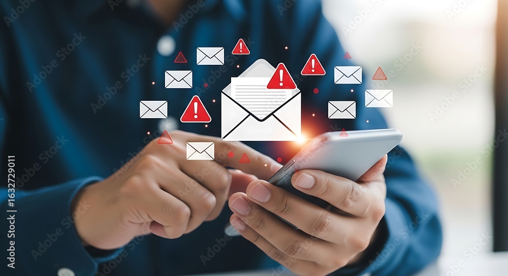 Poster person using a smartphone with multiple email notifications and warning symbols, indicating potentia