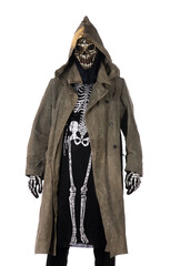 man in halloween death costume on white background