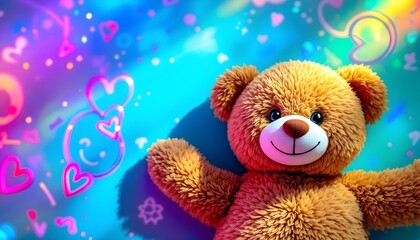 Top view of brown teddy bear on blue background