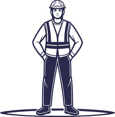 Obraz premium Construction worker with hands on hips in circle logo on white background Keywords: construction worker, builder, laborer, safety