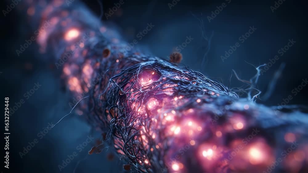 Poster digital rendering of a glowing thrombus growing within a calfs deep vein showcasing cellular interac