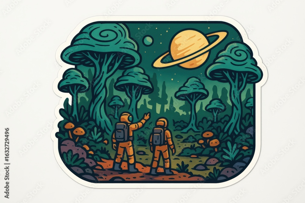 Poster astronauts exploring an alien forest under a starry sky with a glowing planet in the background disc