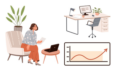Fototapeta premium Woman reviewing documents on couch with laptop, modern office desk, indoor plant, and growth chart. Ideal for productivity, remote work, freelancing, analysis, home office setup progress simple
