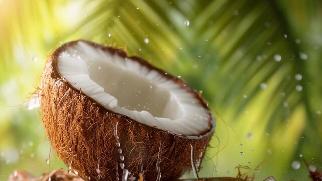 A coconut is being splashed with water. The water is coming from the top of the coconut