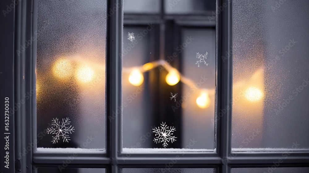 Poster frosted window with decorative snowflakes, illuminated by warm glowing lights from inside, creating 