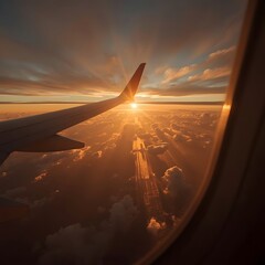 A golden sunset view from an airplane window showing the wing illuminated above the clouds, with soft light and ocean reflections evoking peaceful, cinematic moments of flight and reflection.
