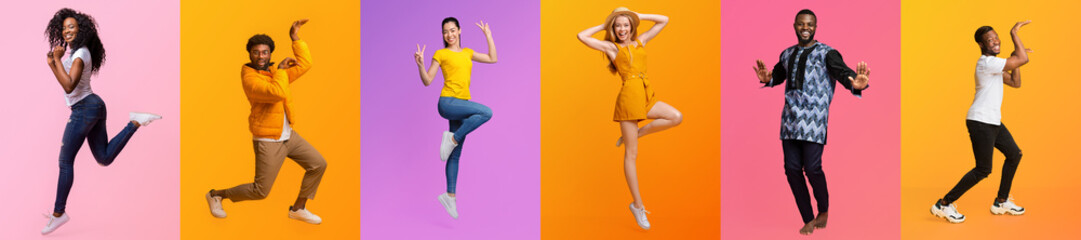 A lively collection of diverse individuals showcasing their unique styles and personalities in an energetic atmosphere with colorful backgrounds.