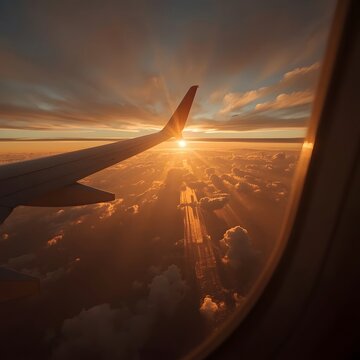 Fototapeta A golden sunset view from an airplane window showing the wing illuminated above the clouds, with soft light and ocean reflections evoking peaceful, cinematic moments of flight and reflection. 