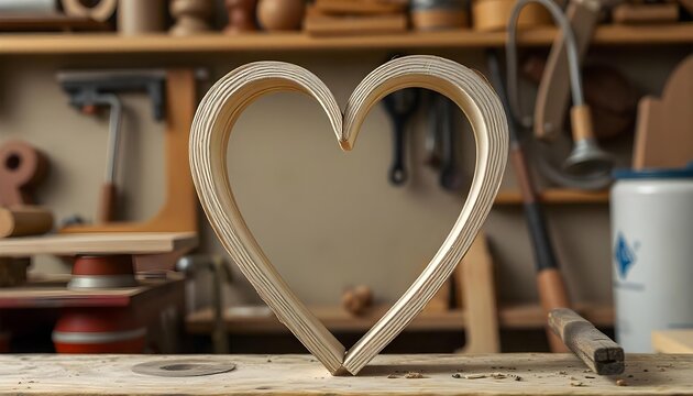 Heart made of bent wood at the woodworker workshop