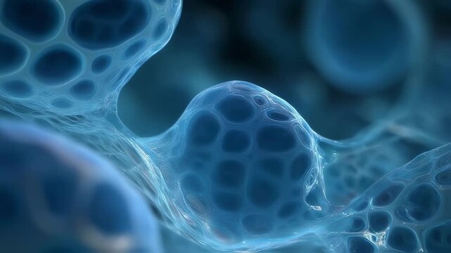 Animated sequence showing dynamic expansion of translucent blue fluid swelling within cellular interstitial compartments.