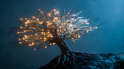 Tree with circuit-board branches rooted in digital ground at night. Ai gen.

