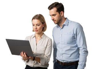 Professional Pair Collaborating on Laptop – Teamwork and Innovation