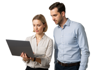 Professional Pair Collaborating on Laptop – Teamwork and Innovation