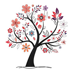 Whimsical tree illustration with colorful flowers and leaves on white background